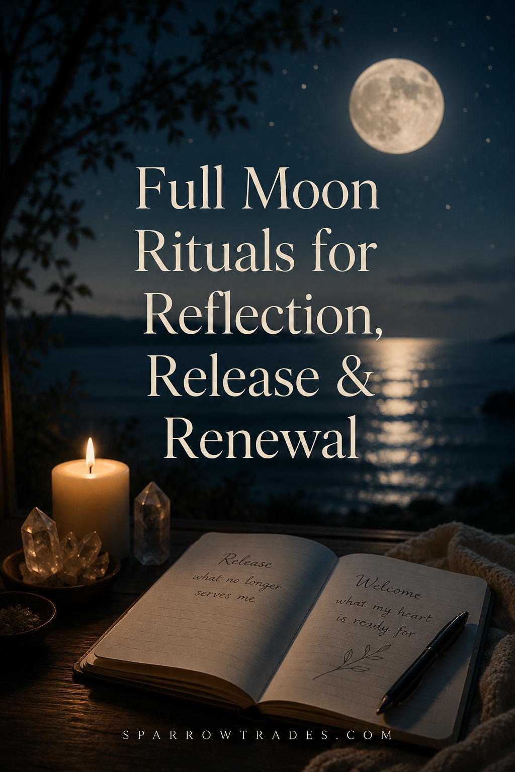 Moonlit lakeside scene with a glowing full moon above calm water, a lit candle, and an open journal arranged for quiet reflection.
