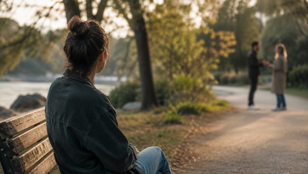 Person sitting quietly on a park bench while two people talk in the distance along a tree-lined path.