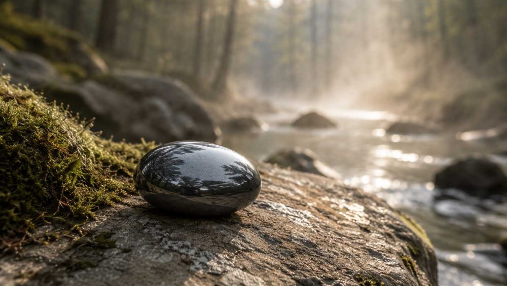 Polished hematite stone resting on a natural rock beside a quiet forest stream in soft morning light.