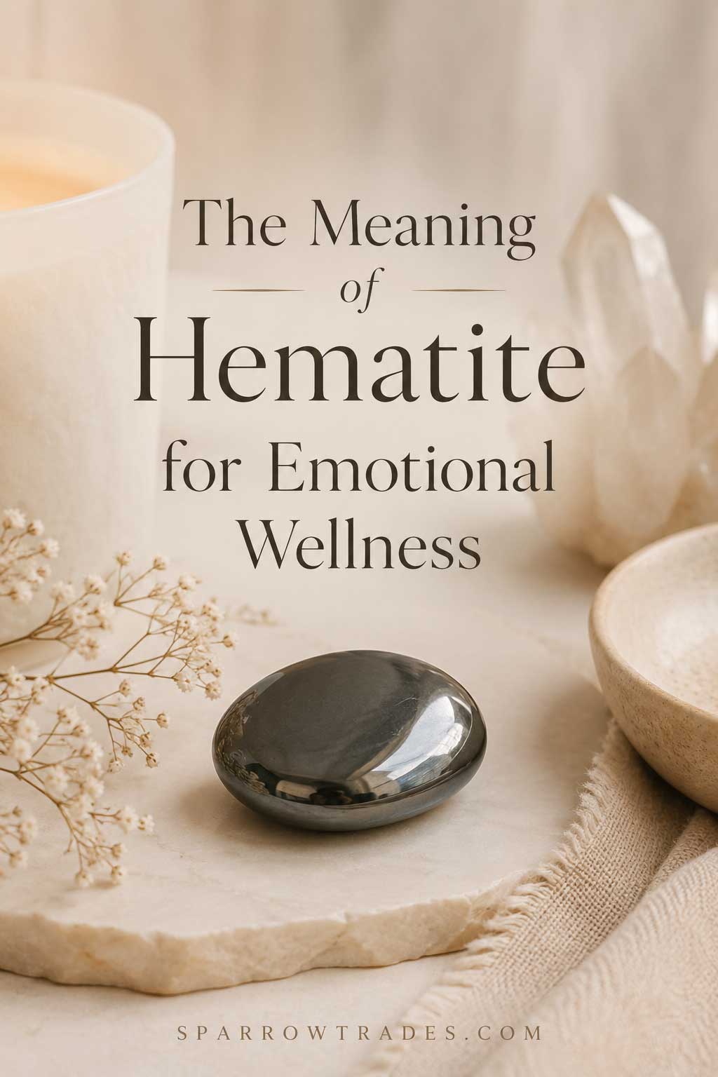 Polished hematite stone on a soft neutral surface with calming wellness decor and the title "The Meaning of Hematite for Emotional Wellness."