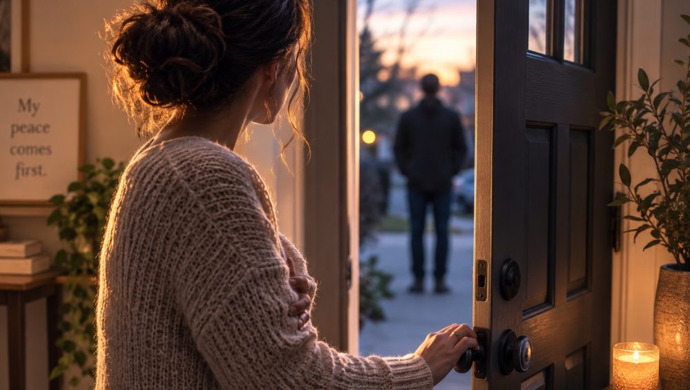 A person stands inside a partially open front door, looking toward a blurred figure waiting outside at dusk.