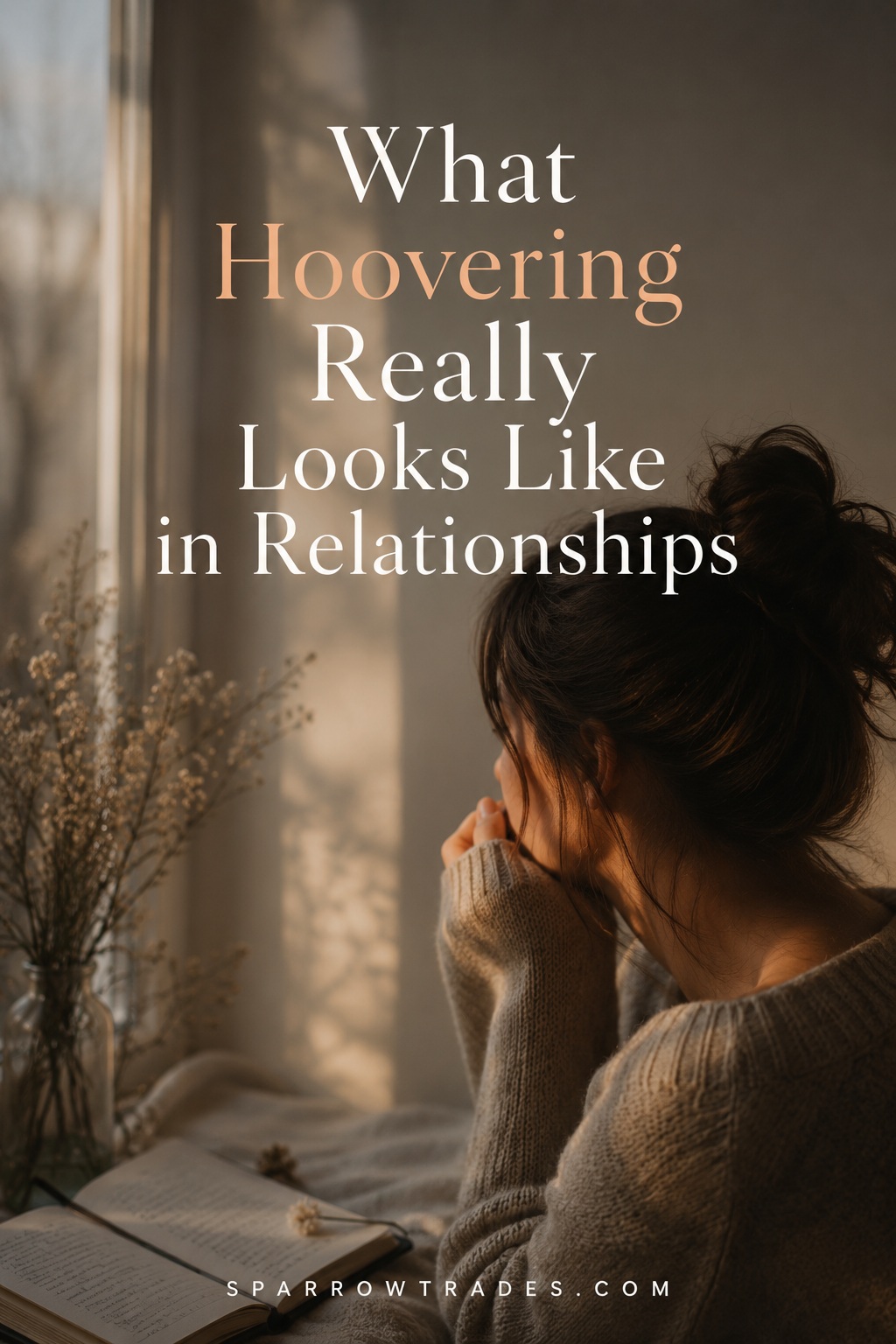 A person sits by a window in warm evening light, quietly reflecting while looking outside, illustrating the emotional uncertainty of hoovering in relationships.