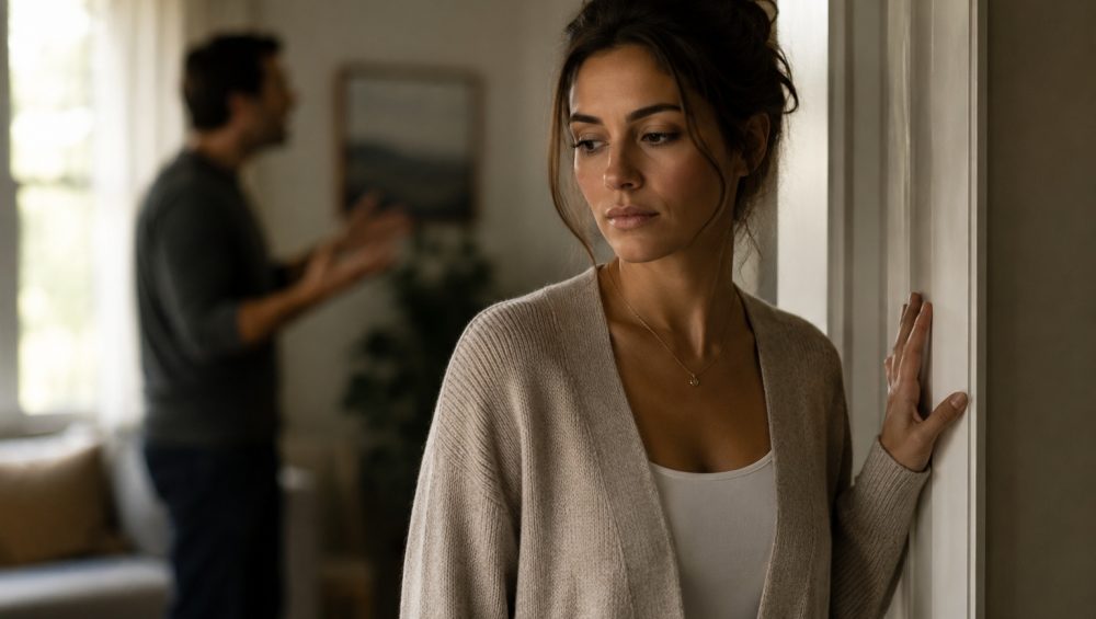 A person standing quietly in a doorway while another person speaks in the background, reflecting emotional distance during a difficult interaction.
