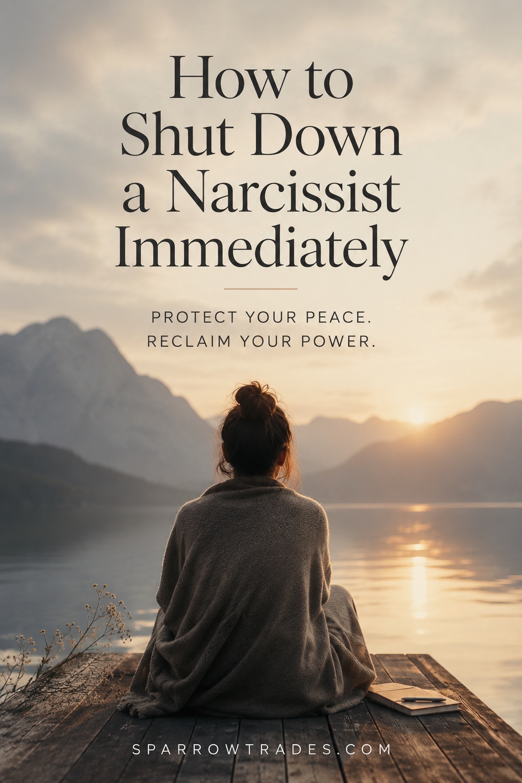 A person sits quietly on a dock overlooking a calm mountain lake at sunrise, reflecting on setting healthy boundaries and protecting emotional well-being.