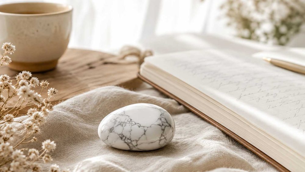 Polished white howlite stone resting on soft linen beside an open journal and ceramic tea cup in warm natural light.