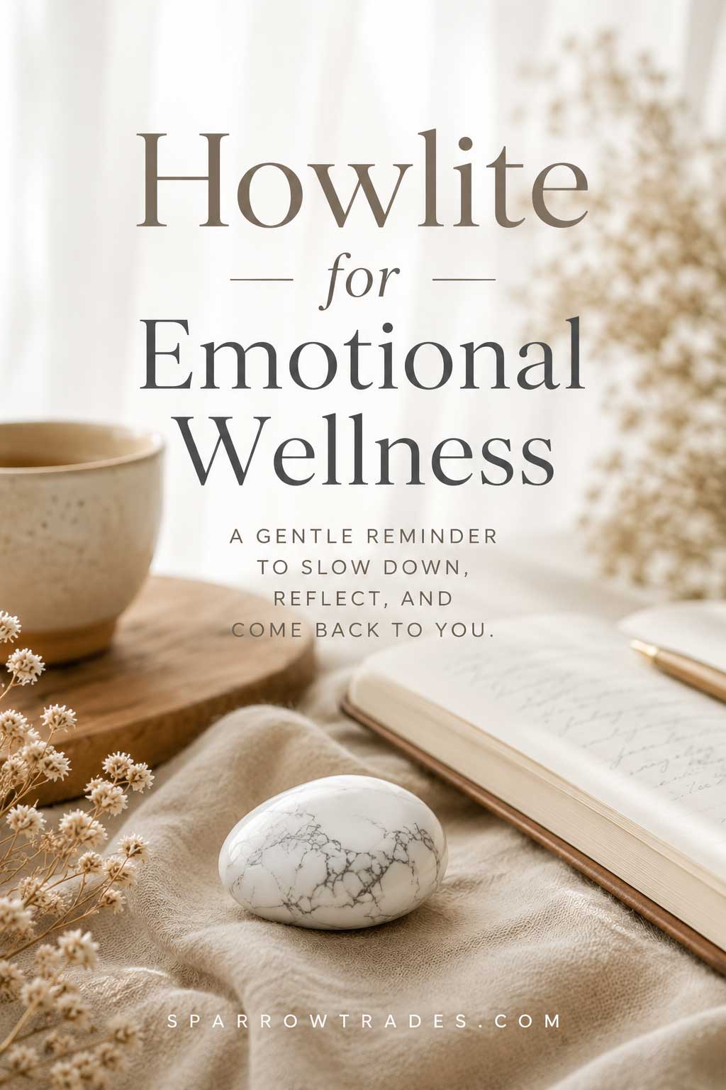 White howlite stone on soft linen beside an open journal and ceramic cup in warm natural light with the headline "Howlite for Emotional Wellness."