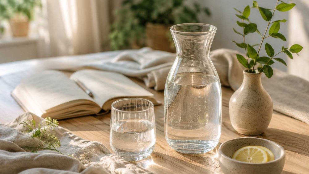 A glass carafe and drinking glass of water on a sunlit wooden table with linen, lemon slices, greenery, and an open journal.