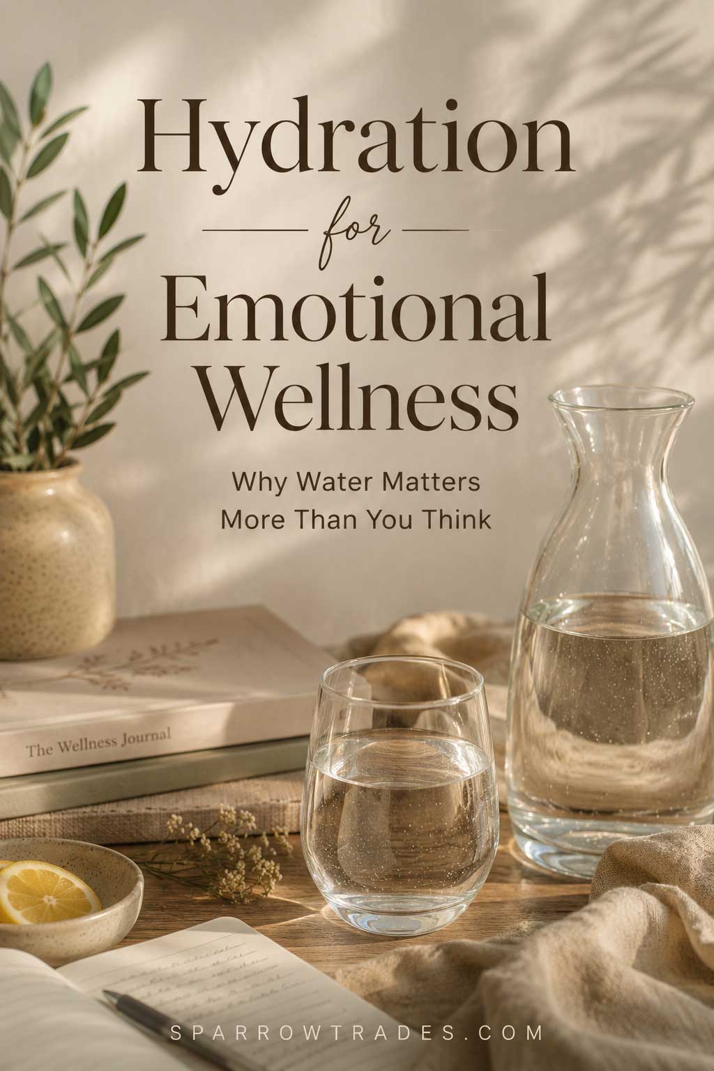 A glass carafe and drinking glass of water on a wooden table with a journal, linen, and soft natural light in a calm wellness setting.