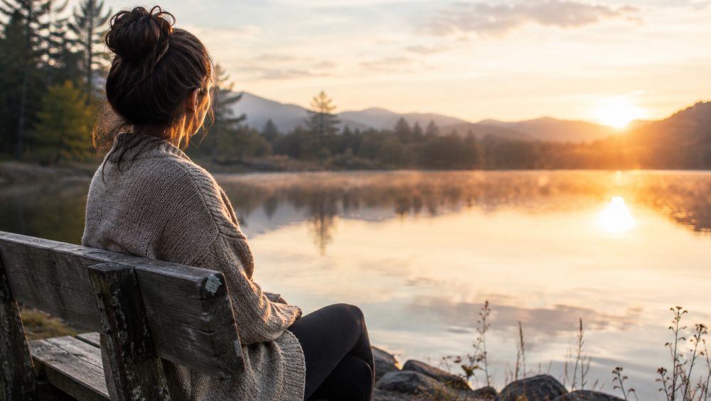 Person sitting on a wooden bench beside a calm lake at sunrise reflecting on their emotions.