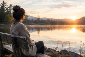 Person sitting on a wooden bench beside a calm lake at sunrise reflecting on their emotions.