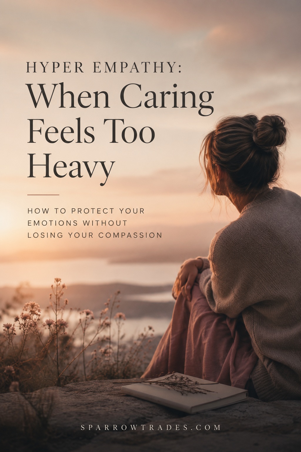 Person sitting alone overlooking a peaceful landscape at sunset, reflecting on emotional boundaries with the text "Hyper Empathy: When Caring Feels Too Heavy."