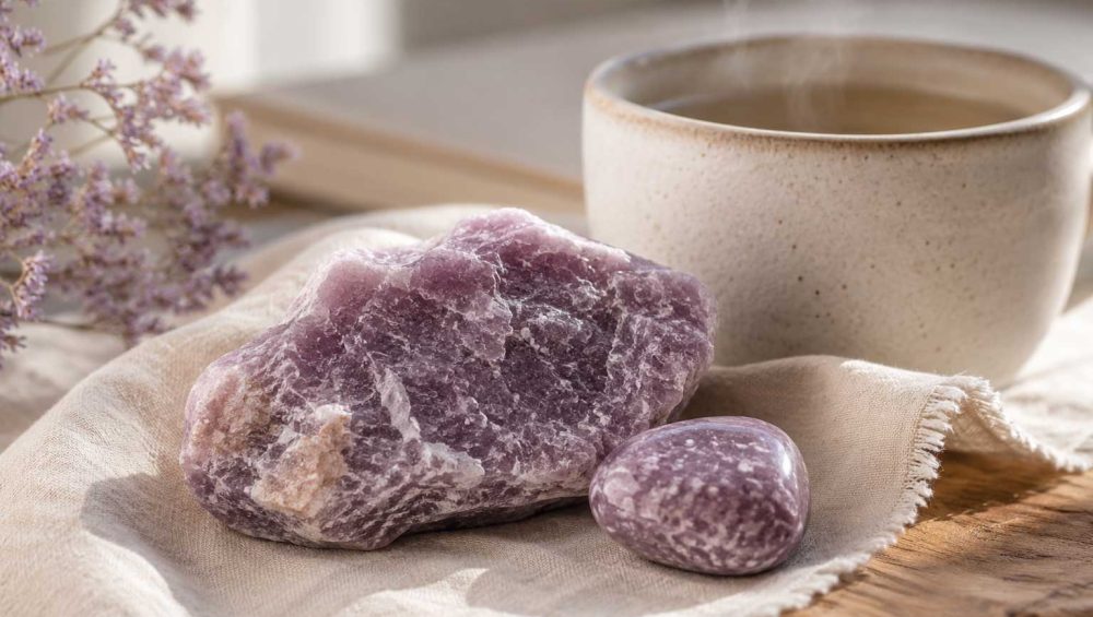Raw and polished lepidolite stones beside a ceramic cup on soft linen in warm natural light.
