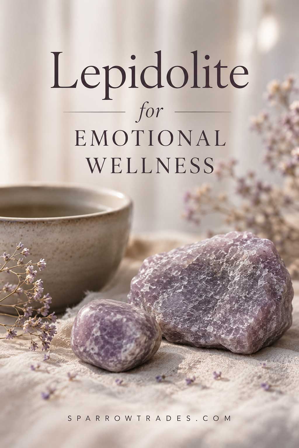 Raw and polished lepidolite stones with a ceramic cup on soft linen in warm natural light.
