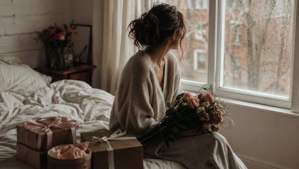 A woman sits on the edge of an unmade bed holding a bouquet of roses while looking out a rain-covered window, with gift boxes nearby.