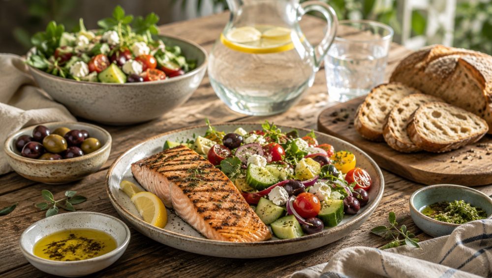 Grilled salmon served with a fresh Mediterranean salad, olives, whole grain bread, olive oil, and lemon on a rustic wooden table.