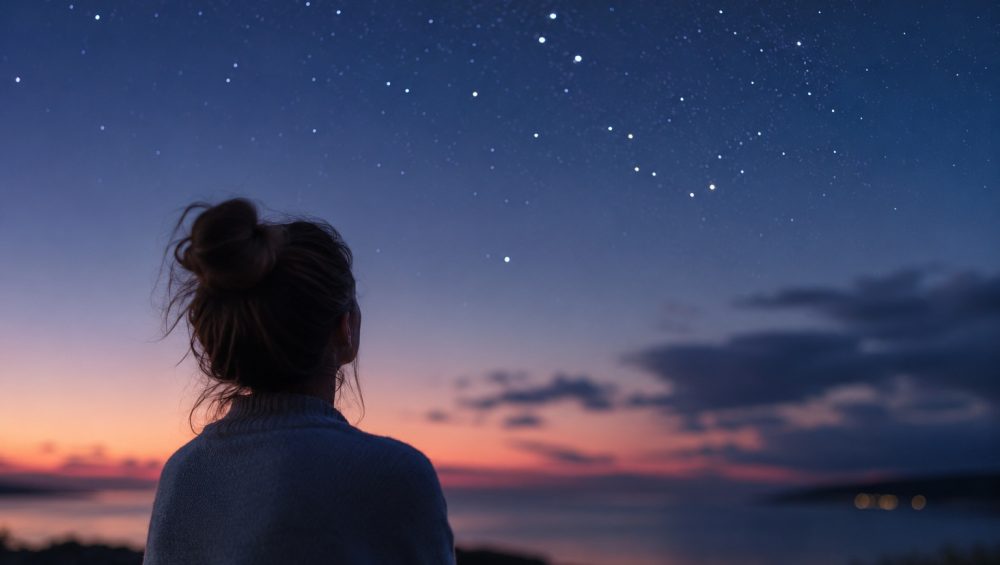 Person looking at a star-filled night sky over calm water during twilight.
