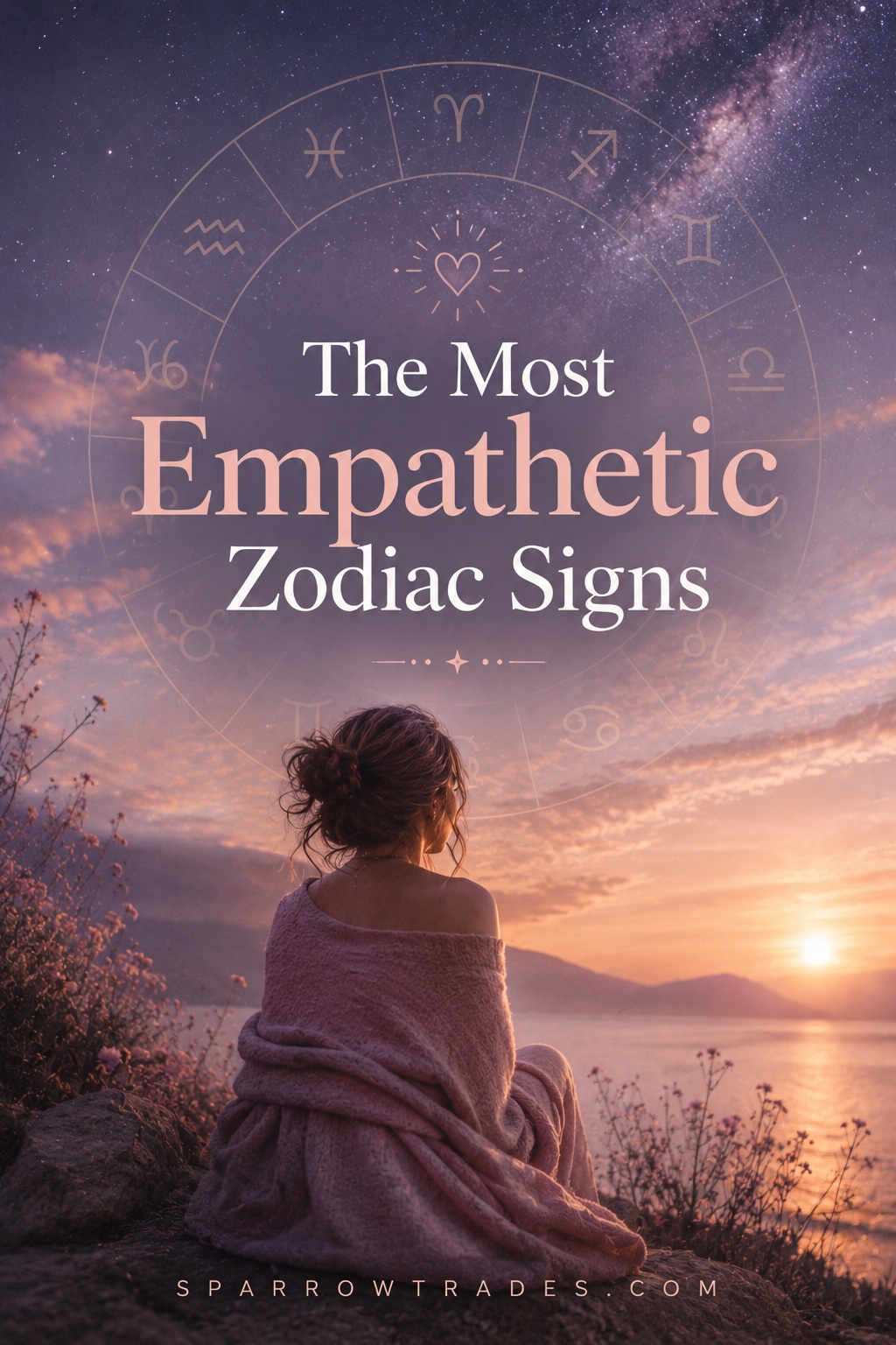 A person wrapped in a blanket sits overlooking a peaceful lake at sunrise beneath a star-filled sky with subtle zodiac symbols.