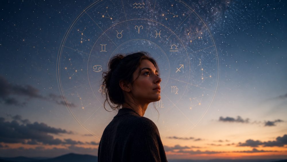 Person looking toward a star-filled sky with a subtle zodiac wheel representing reflection on personality traits and astrology.