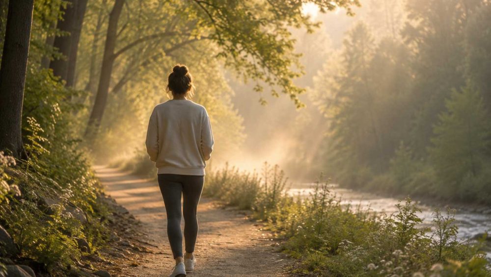 Person walking along a peaceful forest path in soft morning light, representing gentle movement and emotional well-being.