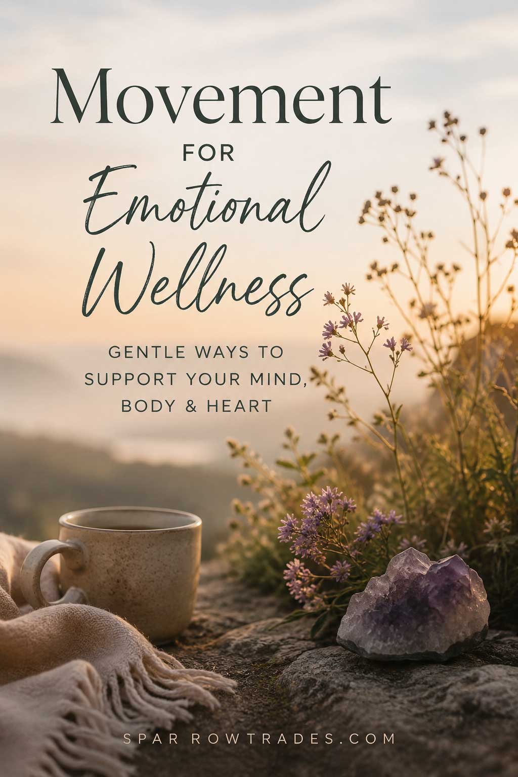 Wildflowers, a ceramic mug, and an amethyst crystal resting outdoors in warm morning light with text about movement for emotional wellness.