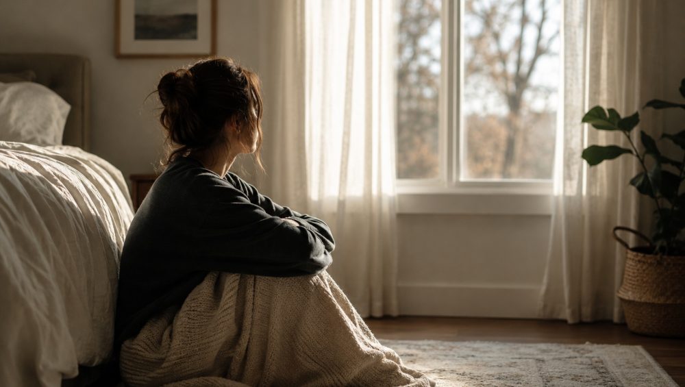 Person sitting on the floor beside a bed, wrapped in a blanket and looking out a sunlit window during a quiet moment of reflection.