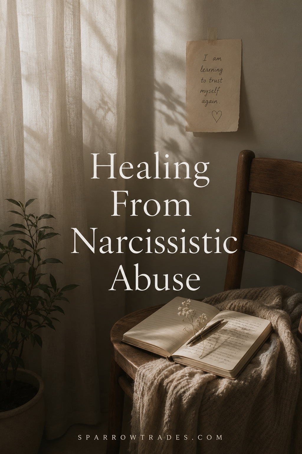 Softly lit room with an open journal on a wooden chair, symbolizing healing and rebuilding self-trust after narcissistic abuse.