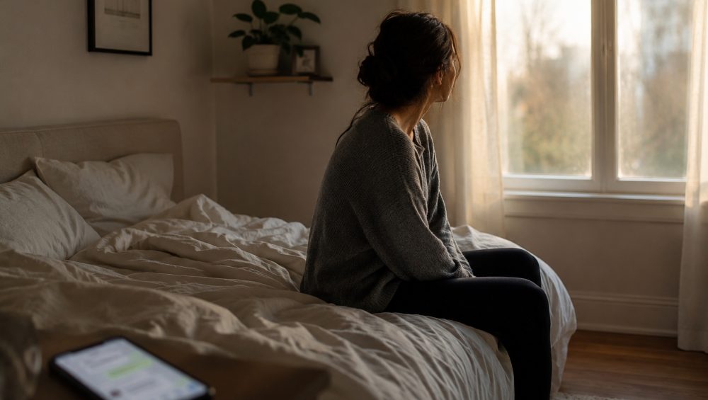 Person sitting alone on the edge of an unmade bed, looking out a window in a softly lit bedroom after the end of a relationship.