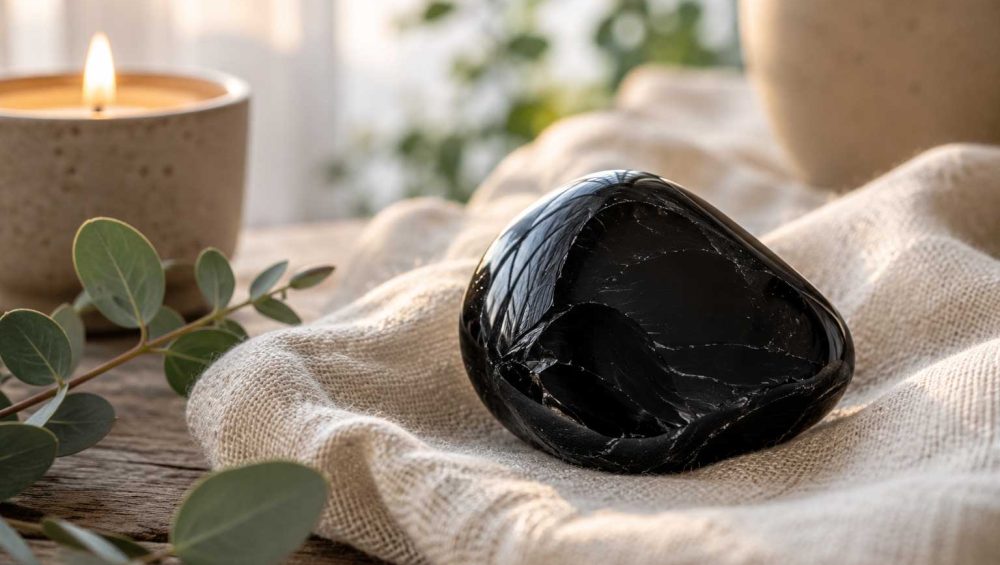 Polished black obsidian stone resting on a soft linen cloth beside a lit candle in warm natural light.