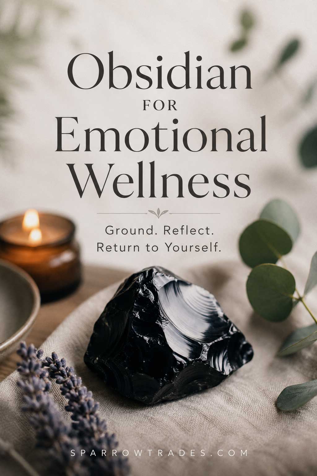 Black obsidian stone resting on natural linen with a candle and eucalyptus in a calm, softly lit setting.