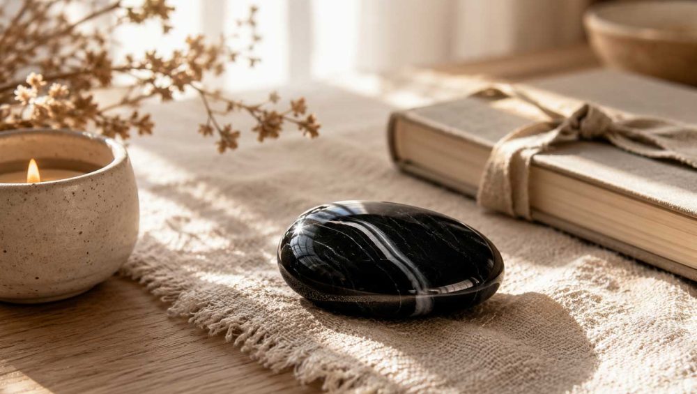 Polished black onyx stone resting on natural linen beside a ceramic candle and journal in warm morning light.