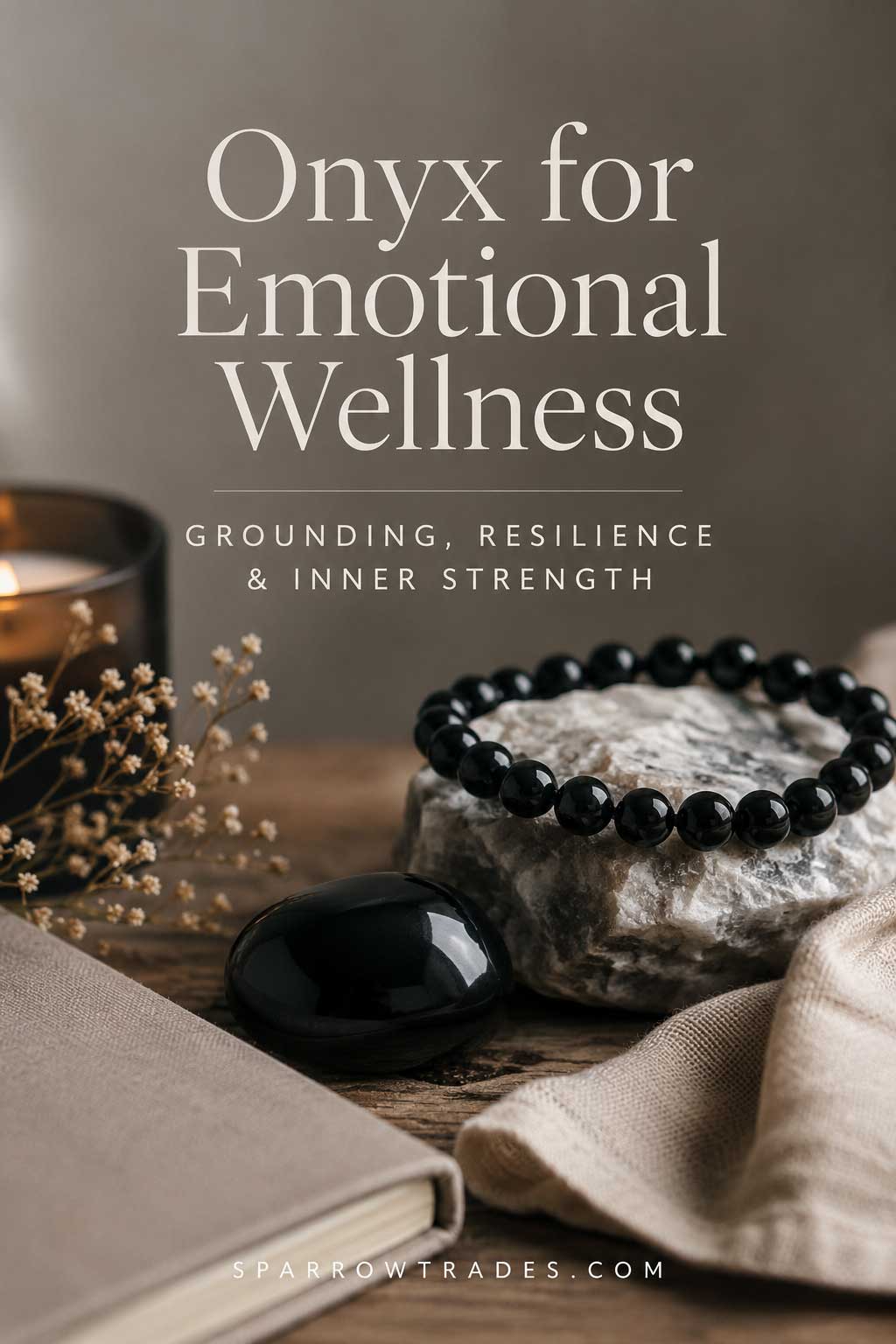 Black onyx gemstone with an onyx bracelet beside a candle and journal in a warm, calming interior setting.