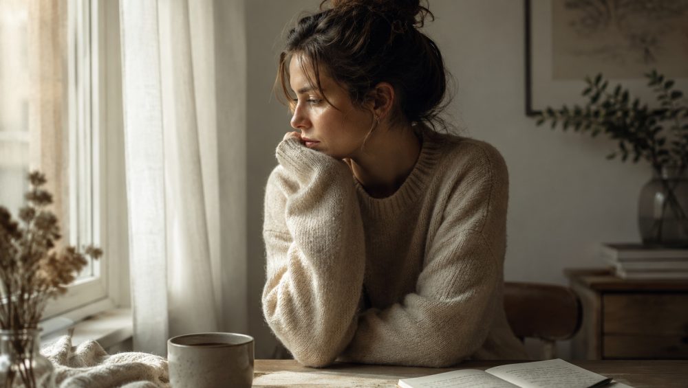 Person sitting quietly by a window in thoughtful reflection, conveying the emotional weight of over apologizing and self-doubt.