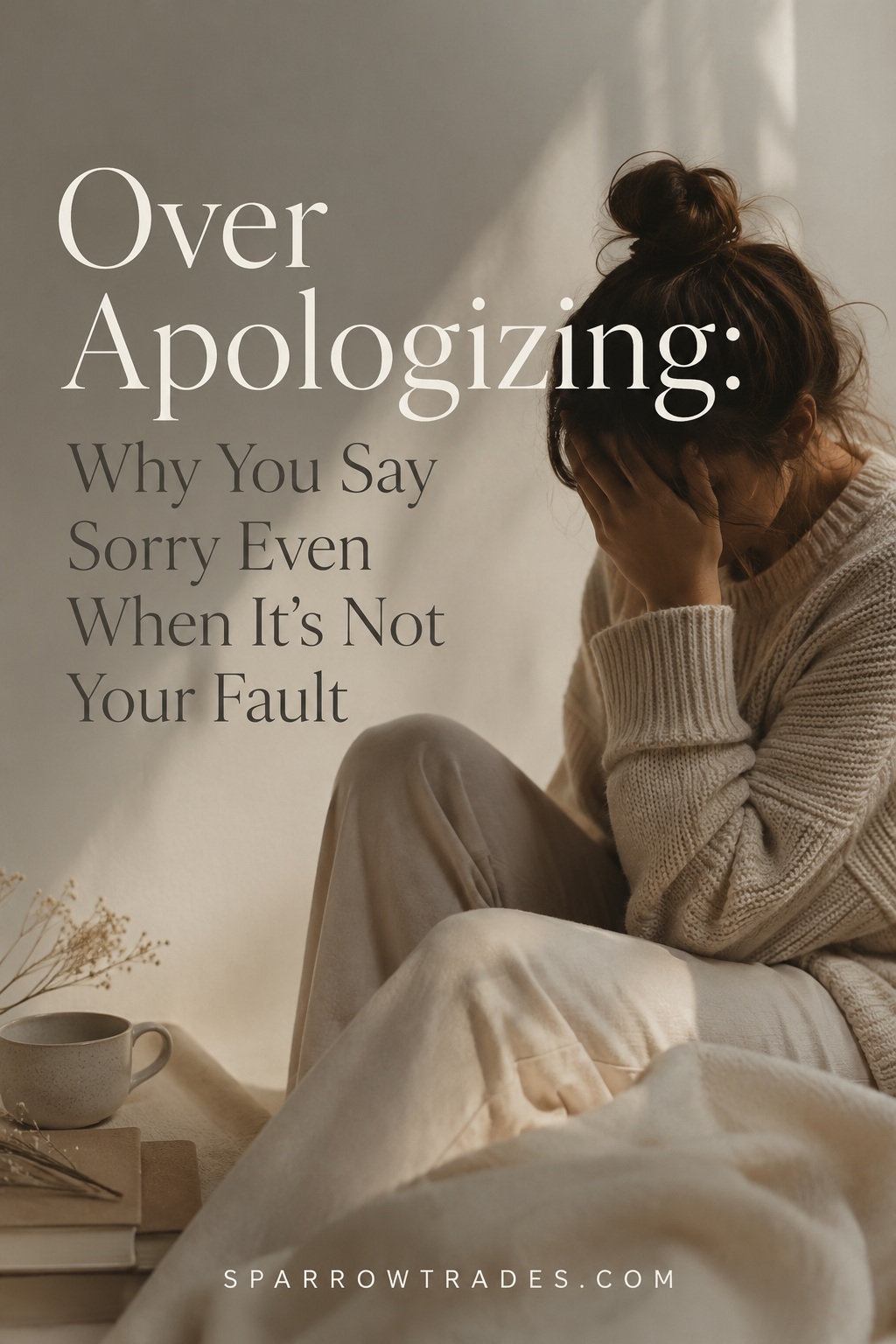 Person sitting alone with their head in their hands in soft natural light, reflecting the emotional burden of over apologizing and self-blame.