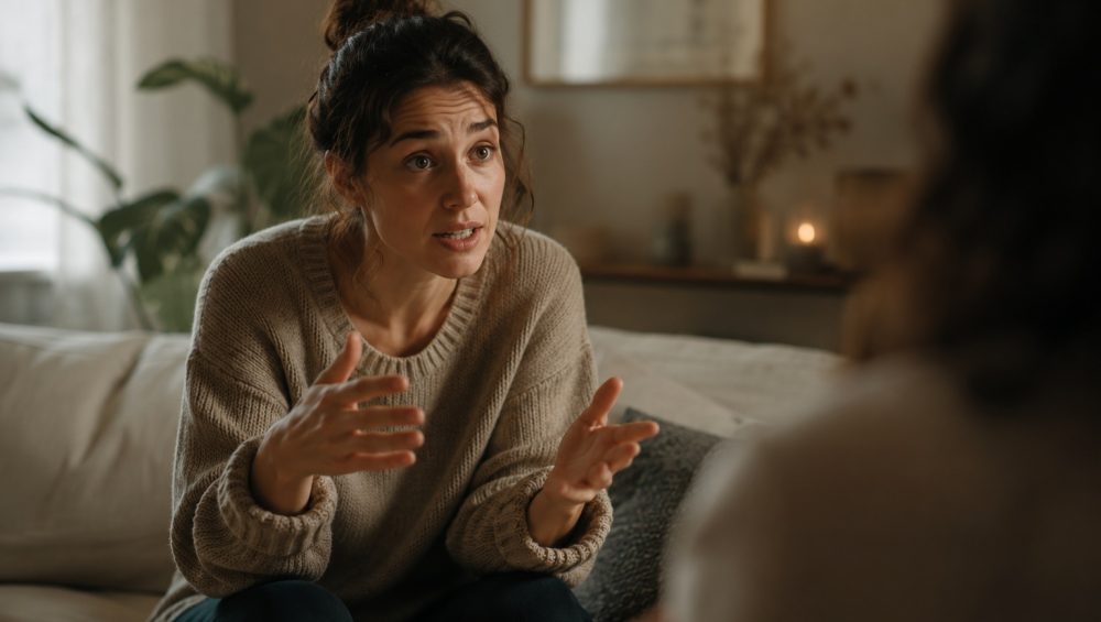 A person speaking with expressive hand gestures during a thoughtful conversation in a softly lit living room.