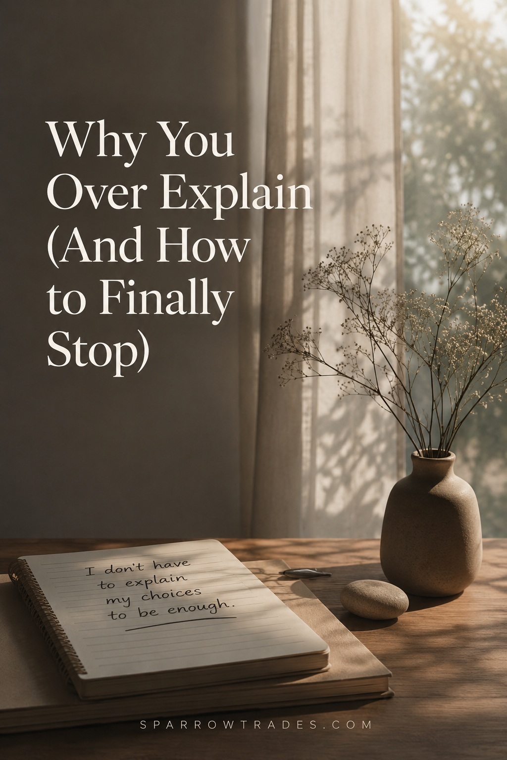 A softly lit journal on a wooden table beside a vase of dried flowers, symbolizing reflection, self-trust, and the habit of over explaining.