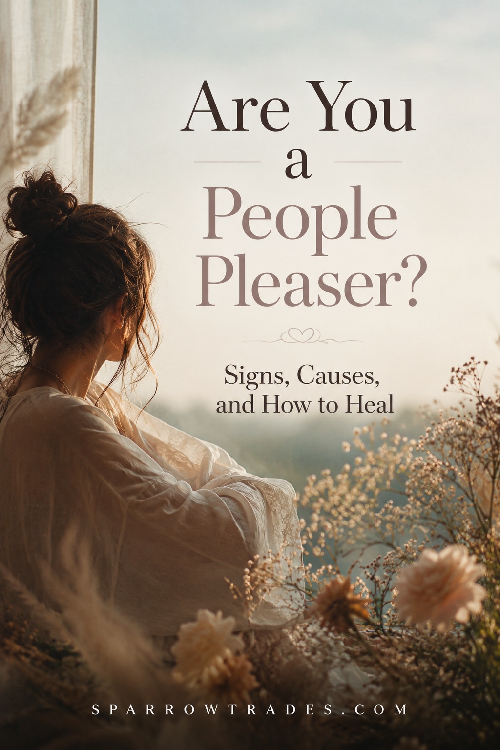 A thoughtful woman sits quietly by a window, looking outside with the headline "Are You a People Pleaser? Signs, Causes, and How to Heal" overlaid on the image.