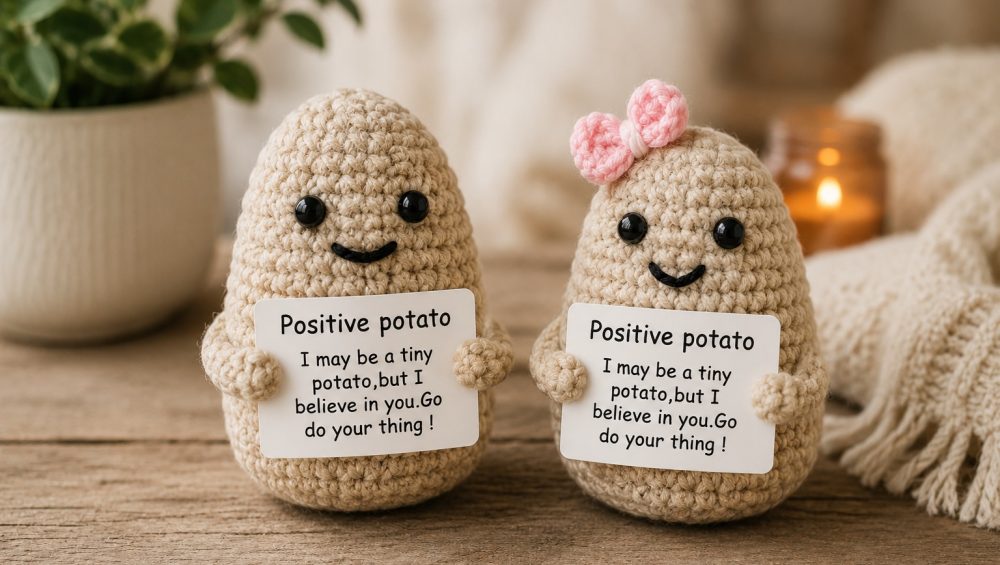 Two crocheted positive potato plush toys holding encouraging message cards on a rustic wooden table in a cozy indoor setting.