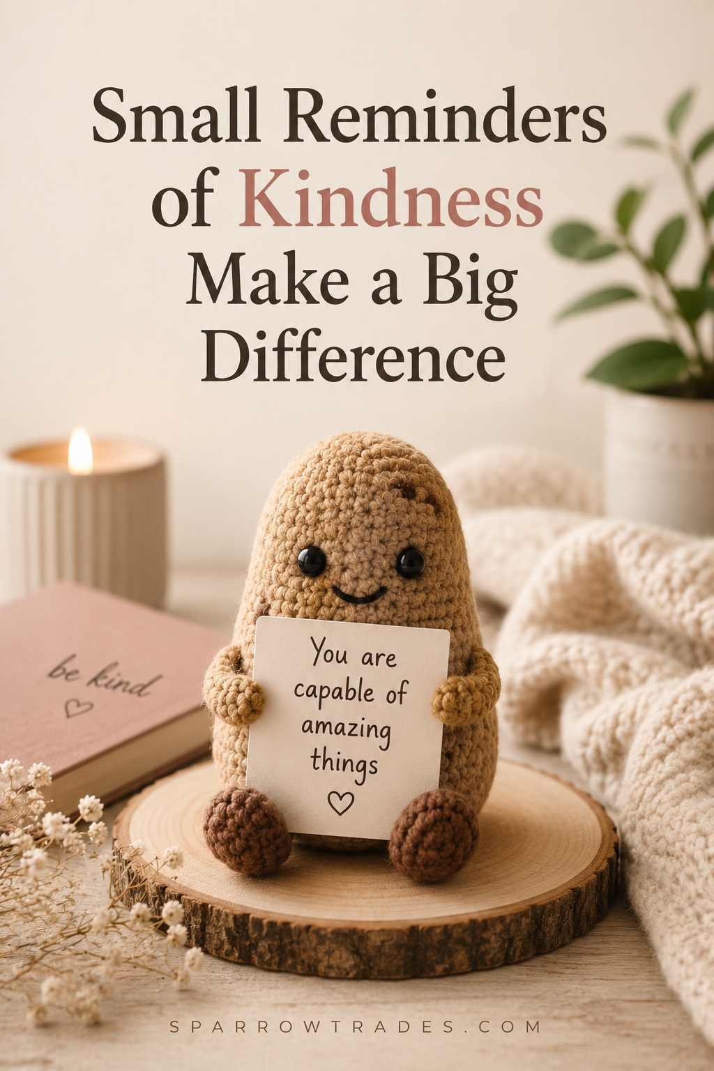 A crocheted positive potato plush holding an encouraging message card on a cozy tabletop with a candle, blanket, and houseplant in a softly lit room.