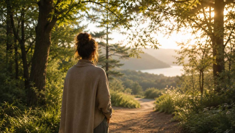 Person standing on a quiet forest path beneath a canopy of trees at sunrise, overlooking a peaceful landscape.
