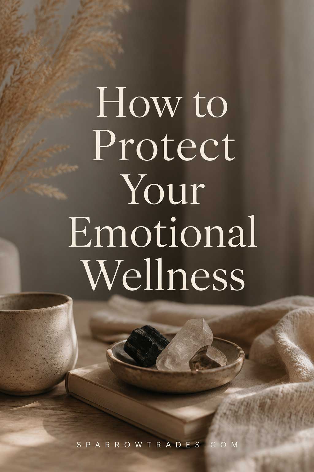 Soft neutral still life with crystals, a ceramic mug, folded fabric, and a book beneath the headline about protecting emotional wellness.