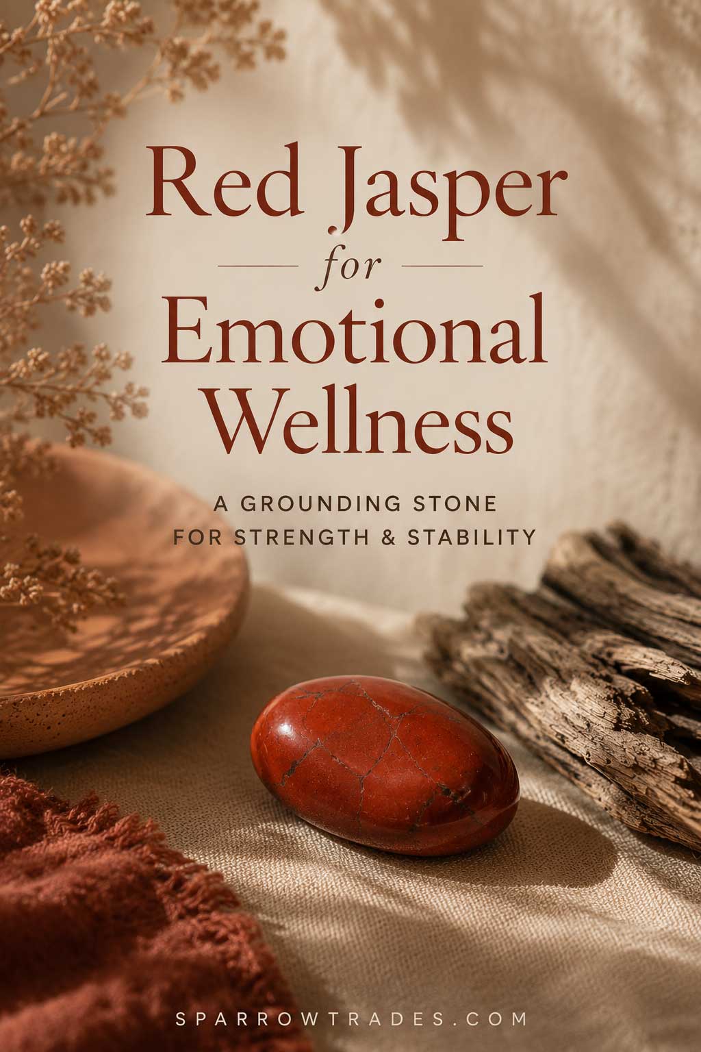 Polished red jasper gemstone on natural linen with driftwood and ceramic accents in warm light, with the text "Red Jasper for Emotional Wellness."