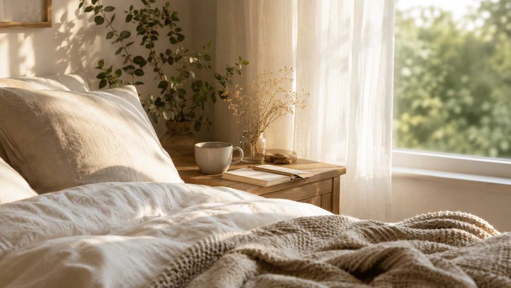 Sunlit bedroom with soft linen bedding, a bedside table with a journal and tea, and warm natural light creating a peaceful atmosphere.