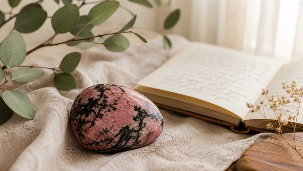 Polished rhodonite gemstone resting on soft linen beside an open journal in warm natural light.