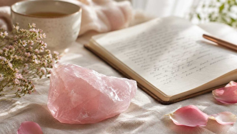 Raw rose quartz crystal resting on soft linen beside an open journal, tea cup, and scattered rose petals in warm natural light.