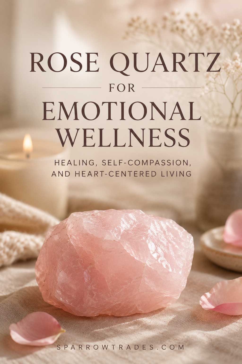 Rose quartz crystal resting on soft linen with rose petals and a candle beside text about emotional wellness.