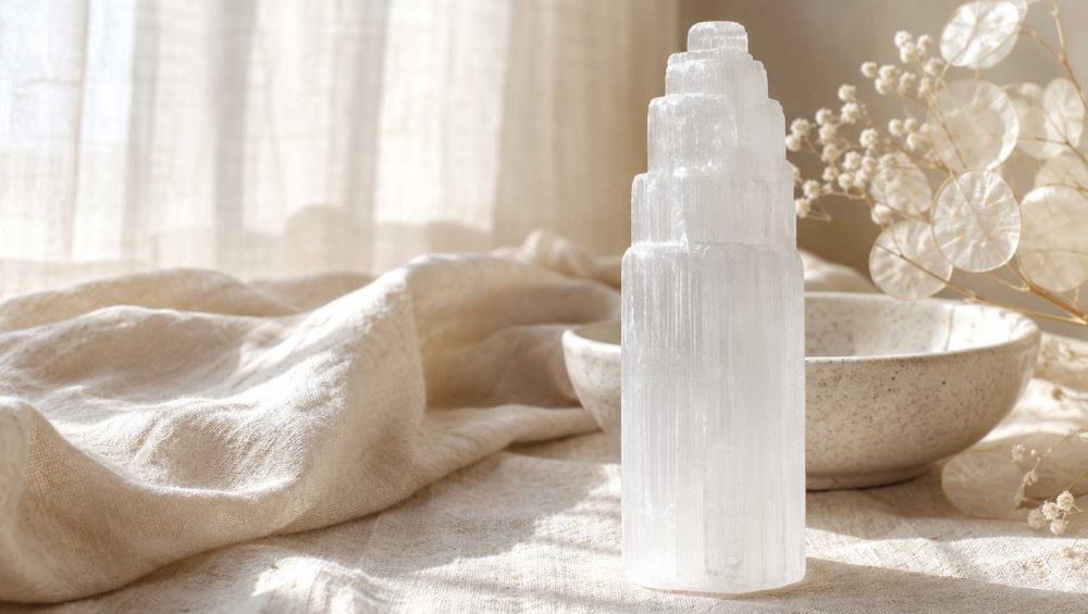 White selenite crystal standing on soft linen beside a ceramic bowl in warm natural light.
