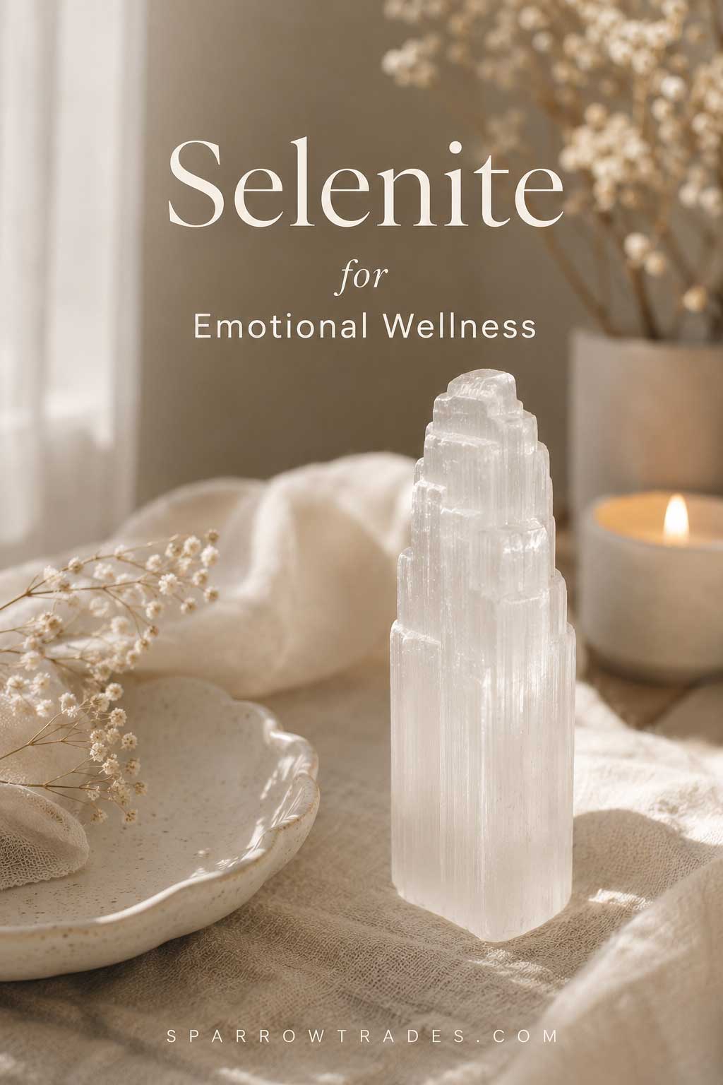 Pinterest graphic featuring a white selenite crystal on soft neutral linen with the text "Selenite for Emotional Wellness" in a calm editorial design.