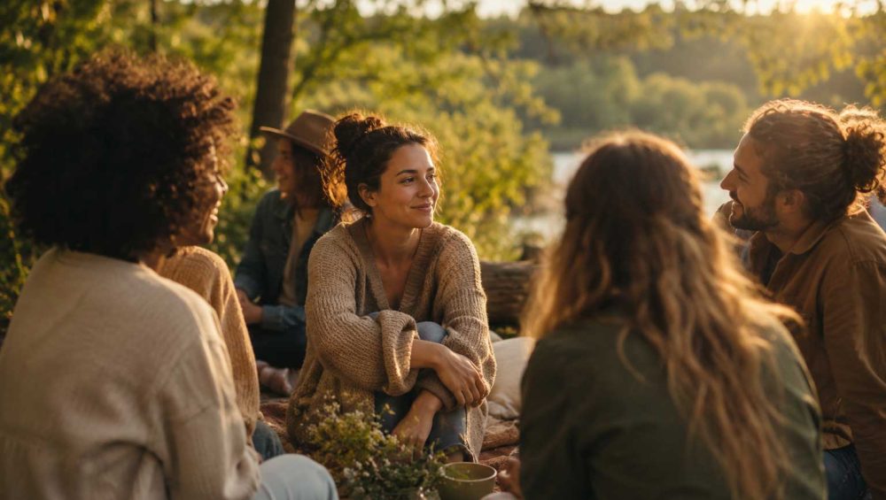 A small group of adults enjoying a relaxed conversation together outdoors during golden hour, conveying a sense of connection and belonging.