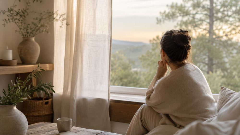 A person sitting quietly beside a sunlit window in a calm home, reflecting peacefully after a difficult interaction.