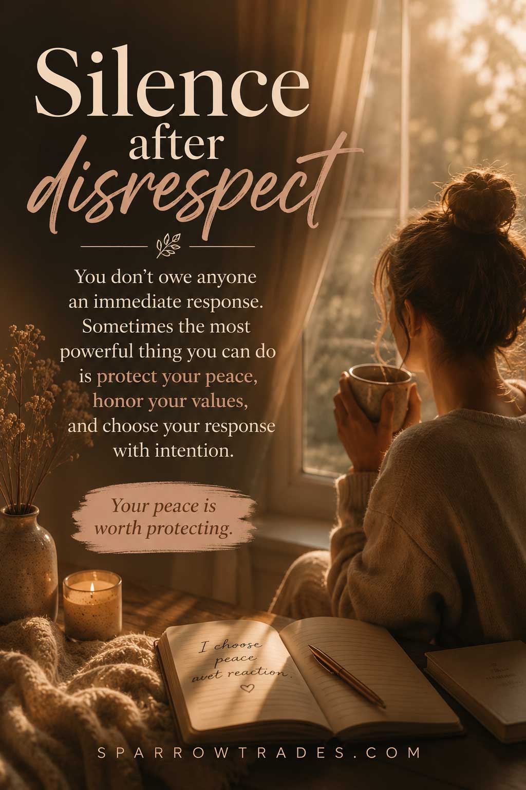 A woman sits quietly by a sunlit window holding a warm mug beside an open journal, with reflective text about responding to disrespect with intention and protecting your peace.